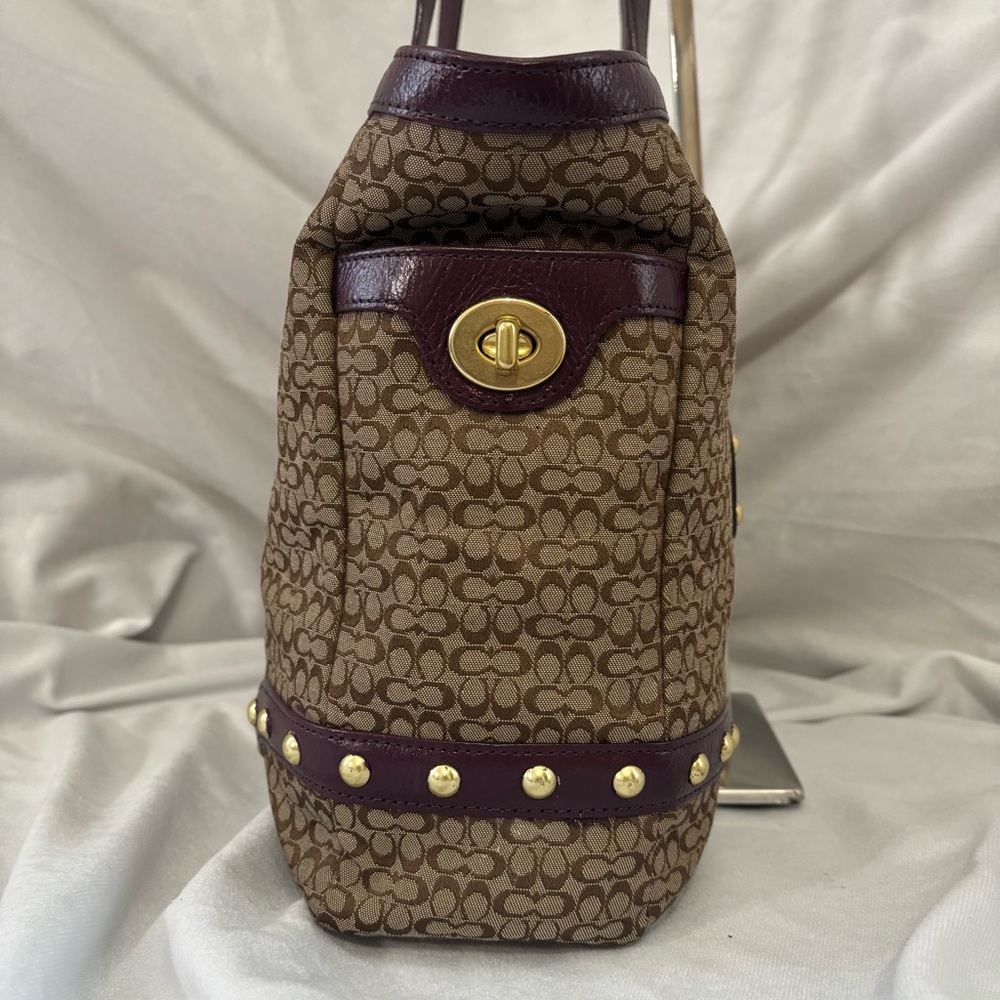 Coach Vintage Studded Signature C Shoulder Bag Tote Large Brown Burgundy Leather - Picture 4 of 14